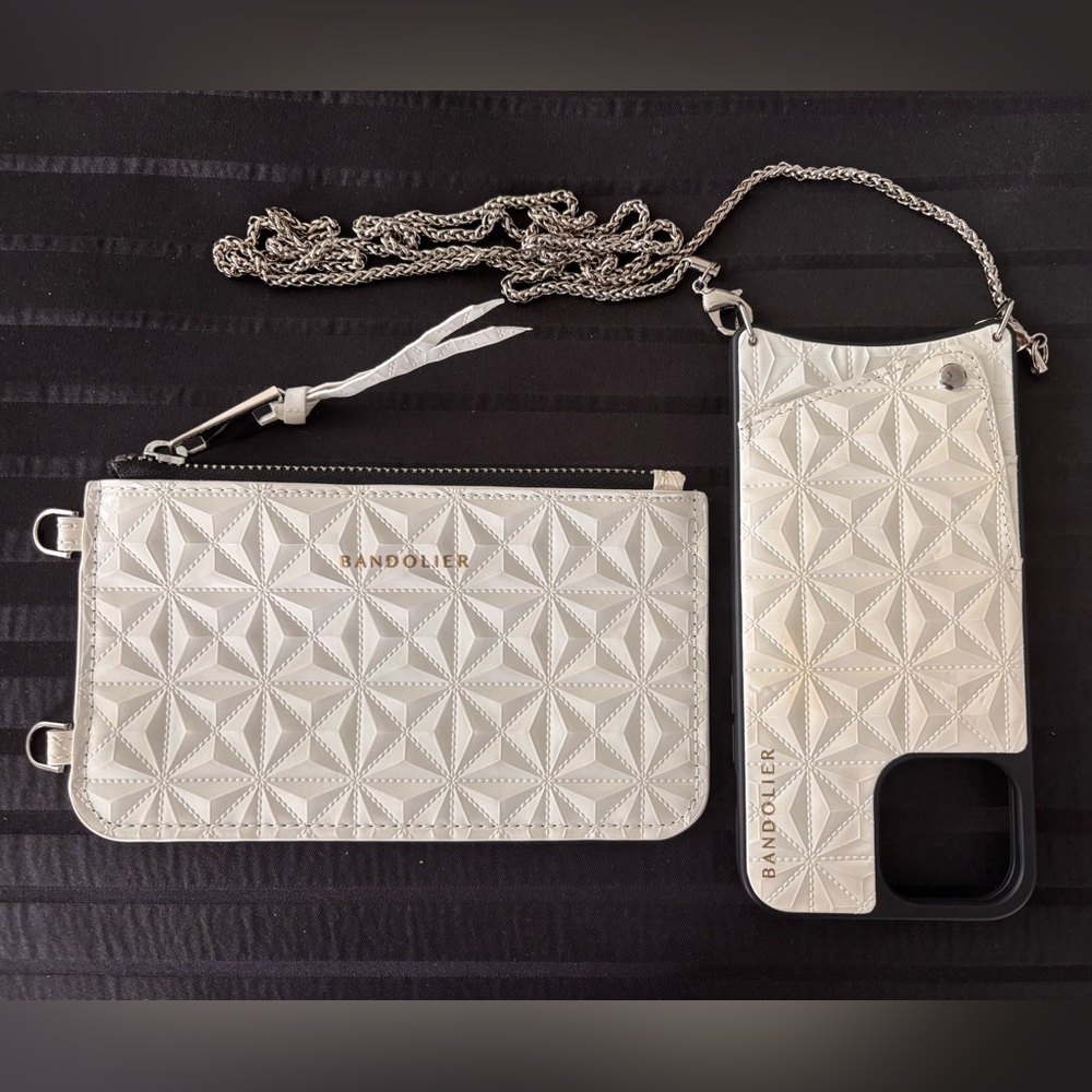 Bandolier Cream Embossed Crossbody Wallet & Phone Case with Silver Chain Strap